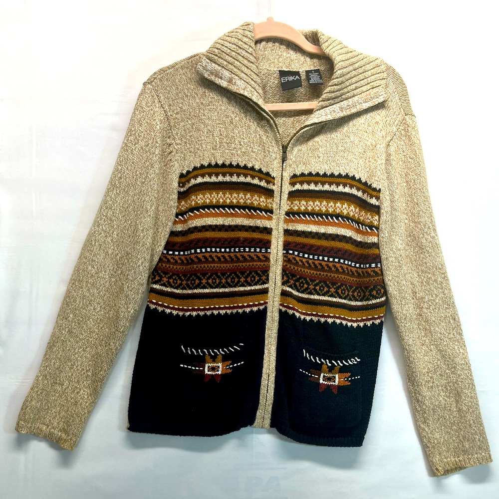 ERIKA ZIP UP SWEATER CARDIGAN WOMEN SZ S BLACK/FALL COLOR POCKETS TRIBAL COZY